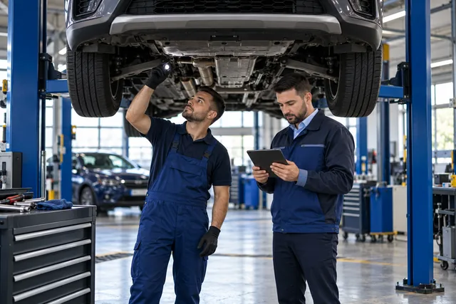 Mekanik dhe menaxher servisi duke kontrolluar një automjet