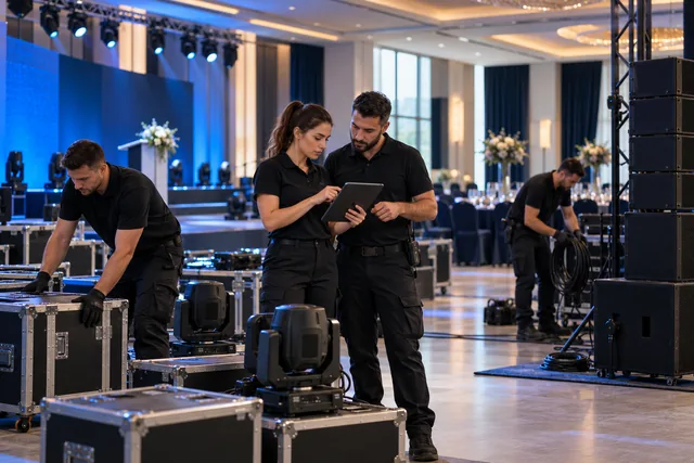 Ekip eventesh duke përgatitur pajisje ndriçimi dhe zëri