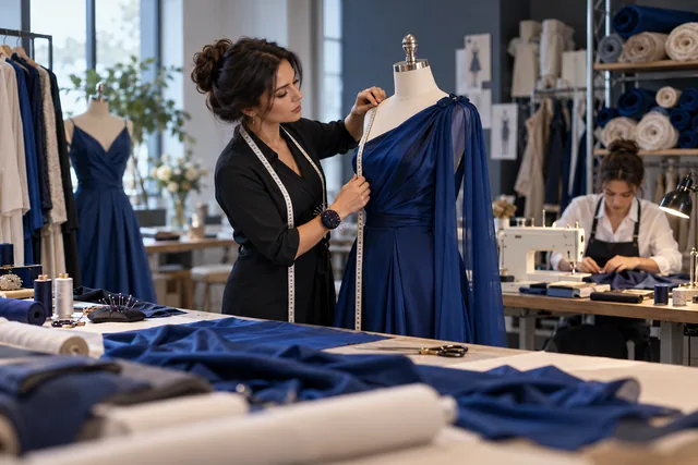 Stiliste dhe rrobaqepëse duke përgatitur një fustan në atelier